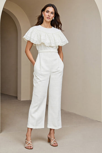 White Long Round Neck Women Jumpsuits with Lace